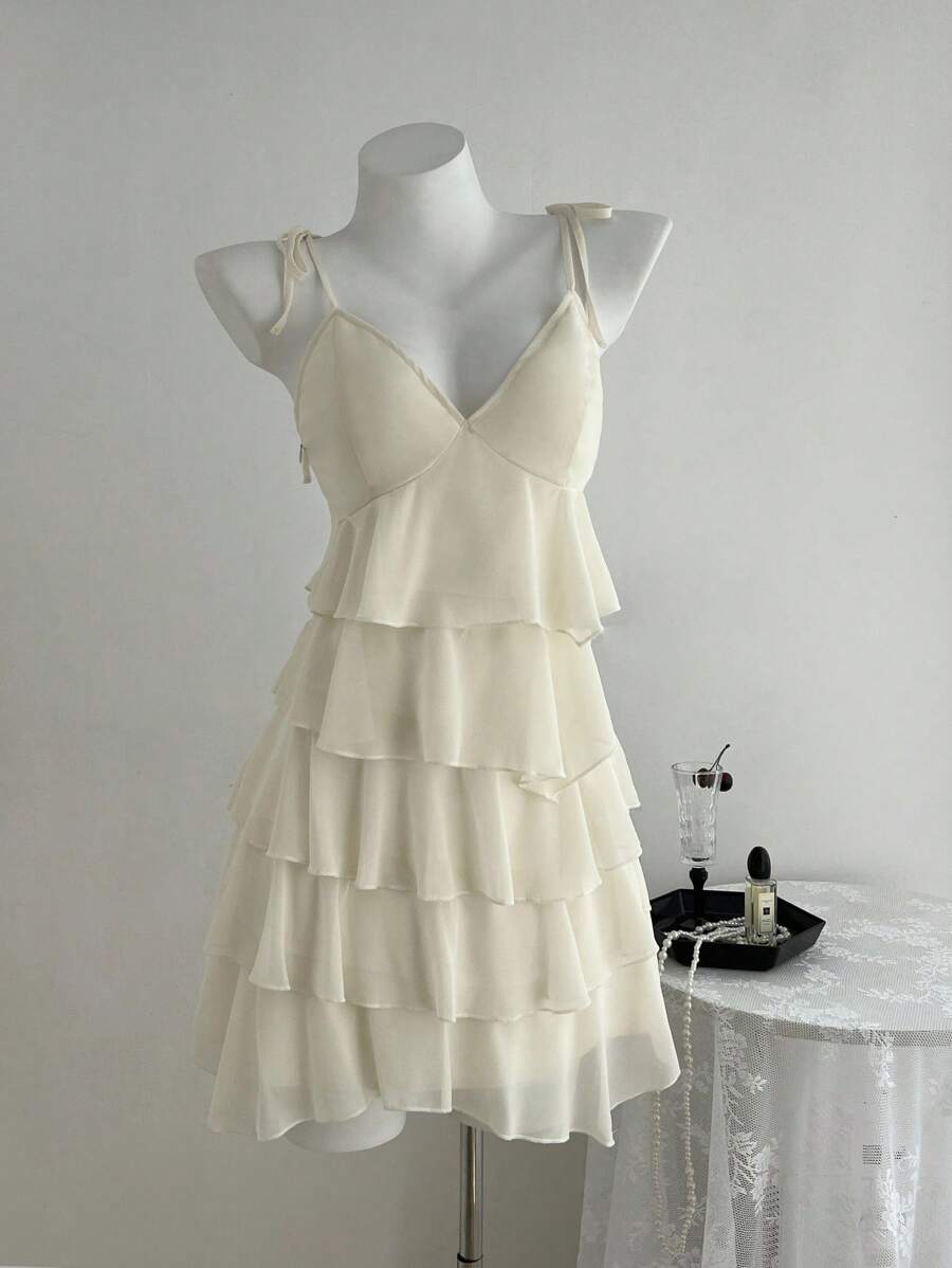 Elamini Women's Elegant Solid Color Multi-Layer Suspender Summer Tea Party Dress - Apricot - View 1