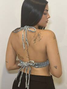 Lucia Bellido Tie Backless Crop Denim Top - Light Wash - View 4