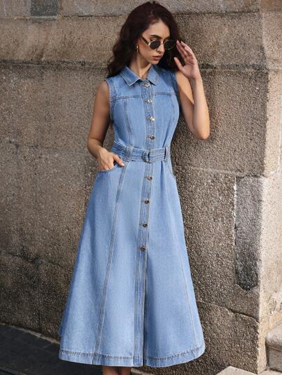 SHEIN Frenchy 女式单排扣无袖口袋休闲牛仔衬衫裙