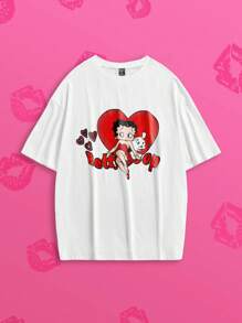Slaydiva Betty Boop x SHEIN Kaos Ukuran Besar dengan Gambar Kartun, Leher Bulat Longgar, Bahu Jatuh, Lengan Pendek - Putih - View 6