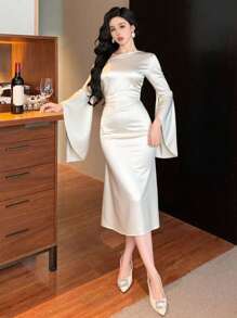 DAZY Women Asymmetrical Neck Ruched Flare Sleeve Midi Dress Elegant Satin Dress Classy Dress Ankle Length Dress Satin Midi Dress,Back To School Clothes Wedding Women Dresses - White - View 1