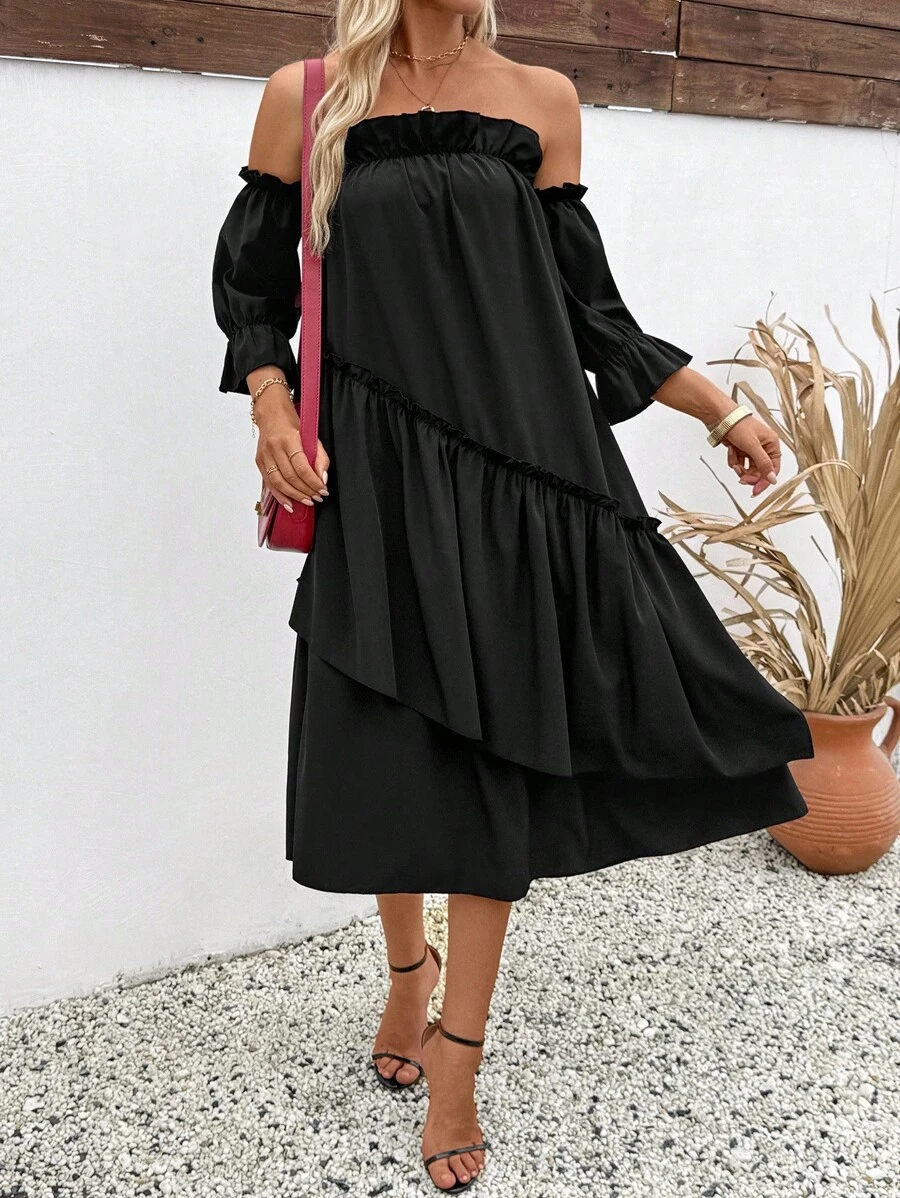 SHEIN LUNE Black Off Shoulder Elastic Ruffle Hem Casual Dress For Women - Black - View 1
