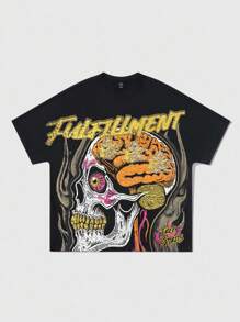 ROMWE MEN Street Life Men's Round Neck Short Sleeve Skull Print Casual Top Tee - Black - View 1