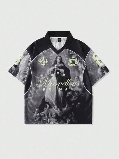 Street Life Men's Casual Colorblock Patchwork Figure Print Polo Shirt, Summer