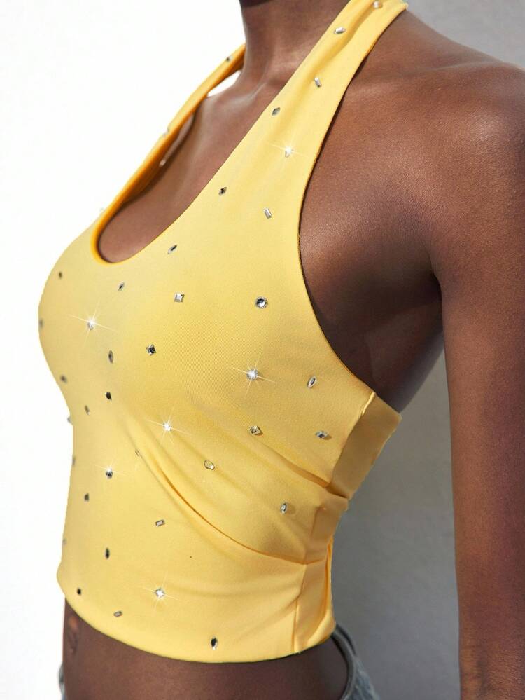 SHEIN Maija Cream U-Neck Rhinestone Decor Sleeveless Top, Casual Urban Business Wear, Minimalist Stylish For Music Festival, Halloween, Christmas, Party, Open Shoulder Blouse For Women
