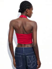 Maija U-Neck Rhinestone Halter Neck Top, Urban Business Casual Women's Wear, Minimalist Fashionable, Suitable For Music Festivals, Halloween, Christmas, Parties, Bohemian Style Vacation Outfits, Open Shoulder Top Red Tops - Red - View 4