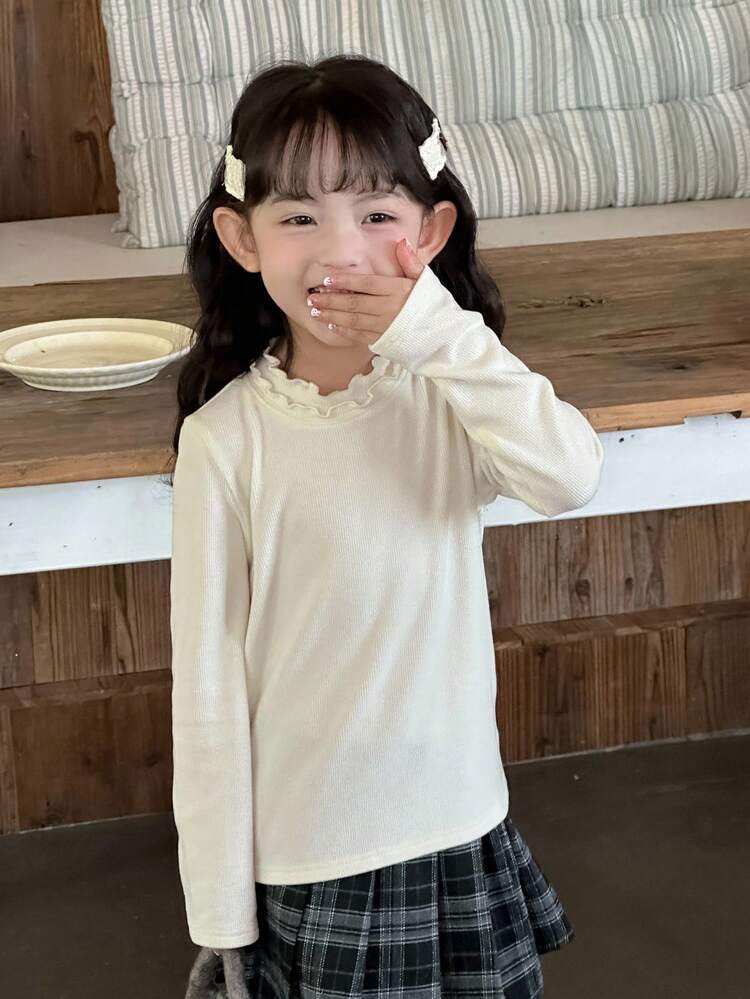 Young Girls Ruffle Collar Solid Color Casual Long Sleeve Base Layer T-Shirt