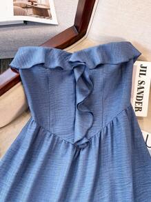 GlowEve Denim Effect V-Neck Ruffle Hem Elegant Women Short Dress