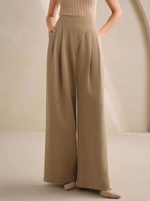 Anewsta Pantalones rectos con diseño de cintura asimétrica y plisados, pantalones casuales de negocios para mujer para otoño, invierno, salidas, formales, elegantes, Año Nuevo, Navidad, graduación, boda