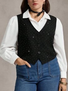 Zelara 大码秋季商务休闲复古斯德哥尔摩风格外出教师复古商务休闲水钻细节衬衫，秋冬返校狂欢音乐会返校节办公室穿着商务纽扣衬衫