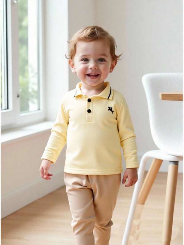 Souflis Souflis Set de 2 piezas de estilo vintage francés para niño pequeño, looks de caballero, que incluye sudadera con cuello de polo bordado + pantalones rectos color caqui para ocasiones formales, otoño
