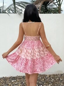 Flirla Women's Holiday Casual Leopard Print Patchwork Floral Mini Dress, Contrast Color Spaghetti Strap - Pink - View 2