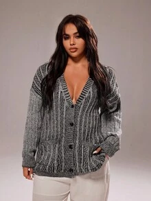 Rustia Casual V-Neck Single-Breasted Drop Shoulder Loose Knit Cardigan Jacket With Pockets, Street Style, Autumn/Winter Fall Cloth For Women - Grey - View 1