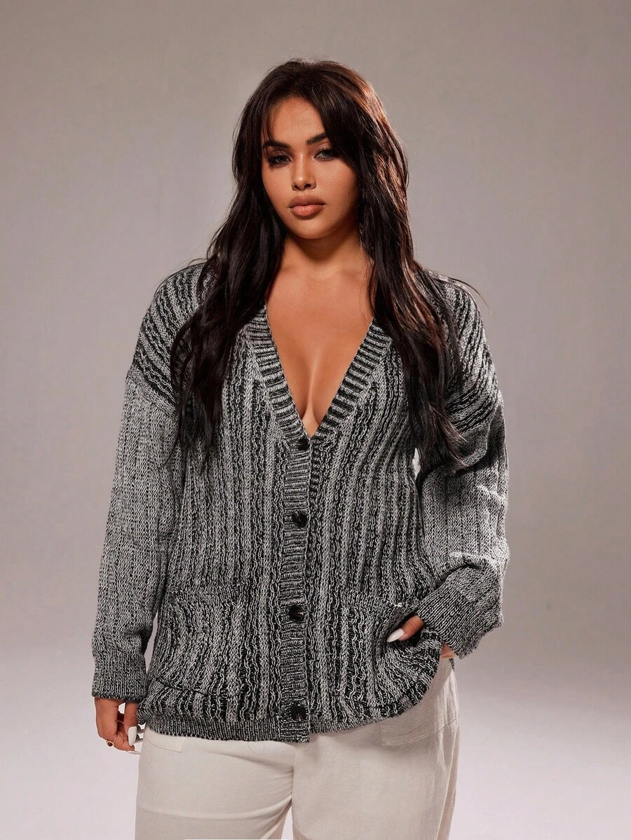 Rustia Casual V-Neck Single-Breasted Drop Shoulder Loose Knit Cardigan Jacket With Pockets, Street Style, Autumn/Winter Fall Cloth For Women - Grey - View 1