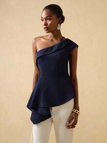 Vesra 女士优雅细肩带不对称下摆褶饰腰部衬衫