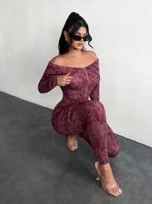 SHEIN SXY 露肩扎染拉链连体裤、返校季、秋季女装、Y2K、外出、秋季服装、乡村音乐会服装、性感女式俱乐部服装、街头服饰、狂欢服装、俱乐部服装、女式约会夜服装、长袖连体裤、紧身连体裤、露肩连体裤、女式连体裤 - 棕色 - 查看 4