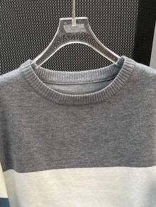 男童休闲撞色条纹针织圆领套头毛衣，秋冬季上衣 - 霧霾藍 - 查看 3