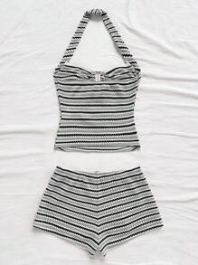 Soleia Women's Striped Ruffle Halter Top And Shorts 2 Pieces Set Striped Two Piece Set Halter Two Piece Women Striped Set - Multicolor - View 2