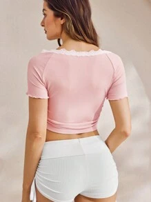 Lowkey Lull 女士撞色蕾丝边短袖休闲夏季睡衣上衣 - 卡其色 - 查看 2