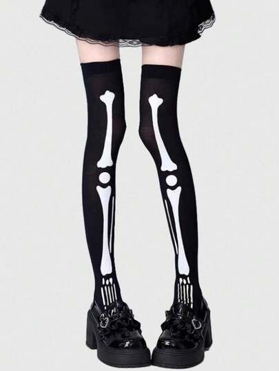 Grunge Punk 1 par de calcetines sobre la rodilla de estilo gótico con diseño de esqueleto