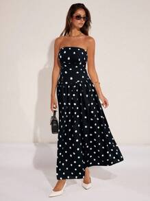 COSMINA Women's Polka Dot Print Ruffle Hem Strapless Dress - Black - View 3