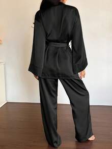 DAZY Satin Belted Robe & Pants Sleepwear Pajama Set, Minimalist & Elegant, Spring/Summer Pajama Fall Winter Clothes - Black - View 2