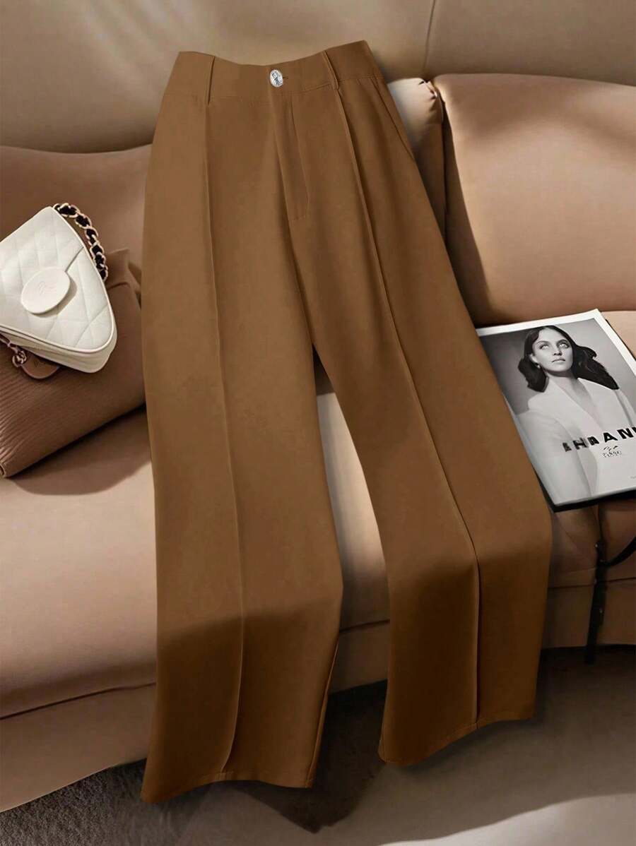 Franclia 大码女式白色休闲西装裤，松紧腰直筒口袋设计，办公室穿着长裤 - 咖啡棕 - 查看 1