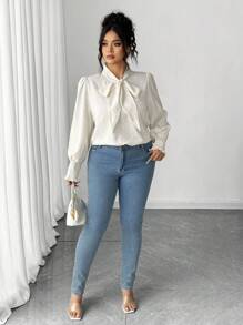 Elenzga Plus Size Solid Floral Bow Elegant Regular Fit Women Shirt, Autumn/Winter Fall Cloth For Women