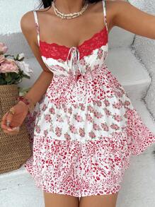 Sunnyshic Váy yếm ngắn họa tiết hoa báo vá khối màu giản dị ngày lễ dành cho nữ - trắng - Xem 5