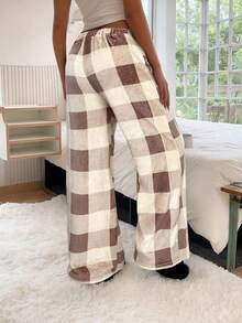 SHEIN EZwear Women's Tie-Waist Fluffy Plaid Print Casual Wide Leg Baggy Pants,Fall - Brown - View 2