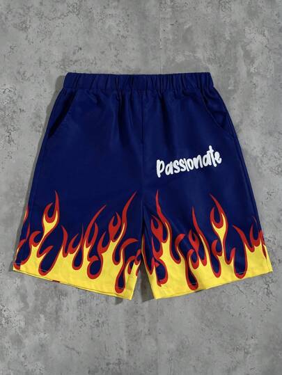 SHEIN 1 件青少年男孩编织休闲短裤，带火焰字母印花图案，图形火焰春装；青少年男孩服装；儿童夹克，春季返校