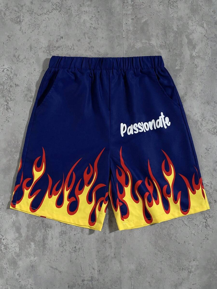 SHEIN 1 件青少年男孩编织休闲短裤，带火焰字母印花图案，图形火焰春装；青少年男孩服装；儿童夹克，春季返校 - 藍色 - 查看 1