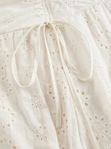 SHEIN MOD Saia vintage feminina de cor sólida com bordado vazado e laço - Bege - Ver 3