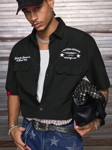 AXEPEAK 男士休闲多口袋印花短袖衬衫，夏季