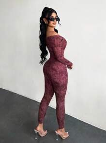 SHEIN SXY 露肩扎染拉链连体裤、返校季、秋季女装、Y2K、外出、秋季服装、乡村音乐会服装、性感女式俱乐部服装、街头服饰、狂欢服装、俱乐部服装、女式约会夜服装、长袖连体裤、紧身连体裤、露肩连体裤、女式连体裤 - 棕色 - 查看 2