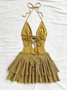 Soleia 女士性感露背挂脖迷你连衣裙，夏季 - 橄欖綠 - 查看 3