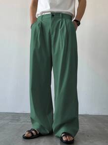 Claim Dot Men's Solid Color Pleated Pocket Wide Leg Loose Casual Pants, Fall - Grass Green - View 6
