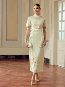 ZEYLAH 女式纯色立领短袖优雅花卉拼布中长连衣裙 - 杏色 - 查看 1