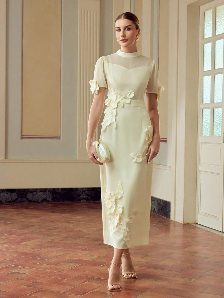 ZEYLAH 女式纯色立领短袖优雅花卉拼布中长连衣裙 - 杏色 - 查看 1