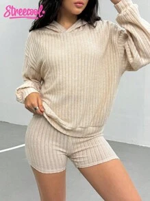 SHEIN مجموعة بلوزة هودي وشورت بلون أحادي بسيط للمراهقات - لون مشمشي - مشاهدة 4