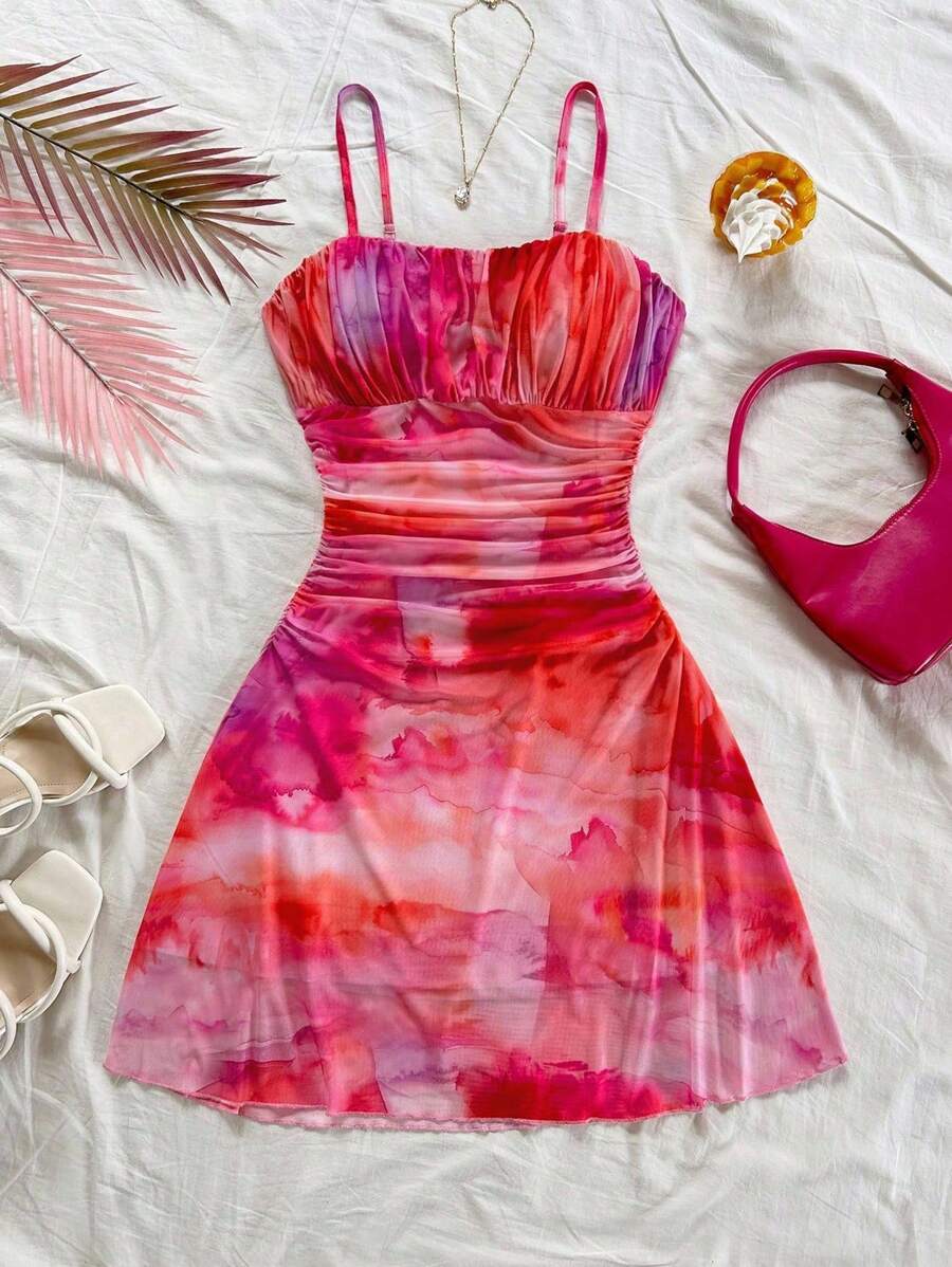 Soleia Women's Holiday Pink Tie Dye Romantic Spaghetti Strap A-Line Cute Mini Dress, Outfit Suitable For Party, Date, Valentine's Day, Easter, Carnival, Beach Cruise Vacation, Afternoon Tea, Spring/Summer Fashion Dress,Boho,Autumn And Winter,Back To School,Homecoming,Concert,Halloween,Christmas,Teacher,Night Out - Multicolor - View 1