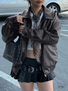 INAWLY 女士宽松长袖皮夹克，秋冬季骑行风格