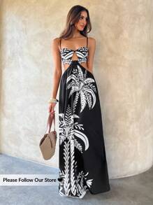 Aloruh 满版印花镂空夏季休闲百搭吊带背心连衣裙 - 卡其色 - 查看 2