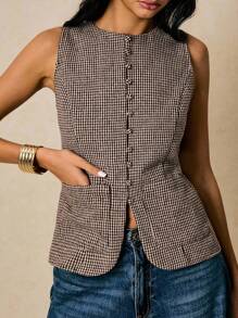 Poéselle Blusa informal a cuadros sin mangas para mujeres - Marrón - Ver 2