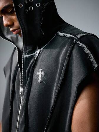 Goth Men's Fashionable Hooded Diamond Denim Jacket