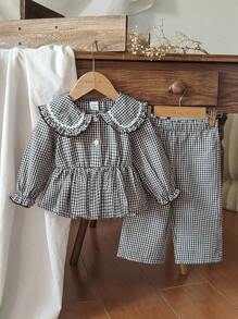 SHEIN Vintaside Kids 2pcs Baby Girls' Countryside Style Long Sleeve T-Shirt And Pants Set, Comfortable And Fashionable For Spring And Autumn, Suitable For Casual Outings Fall Winter - Multicolor - View 4