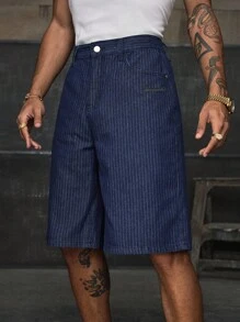 AXEPEAK 男士十字绣条纹宽松阔腿及膝牛仔短裤
