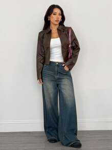 SHEIN PETITE 女士情人节秋冬双拉链皮夹克