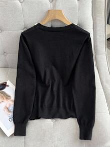 SHEIN Franclia 女式仿珍珠花朵装饰长袖单排扣针织开衫 - 黑色 - 查看 2