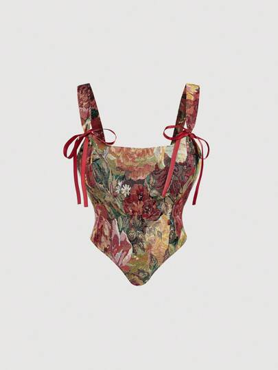 SHEIN MOD Retro Floral Top With Front Lace Up And Leaky Back Lace Up, Corset Top, Winter Top, Going Out Top, Beach Wear For Women, Wear For Women, Party Wear For Women, New Year's Eve Wear